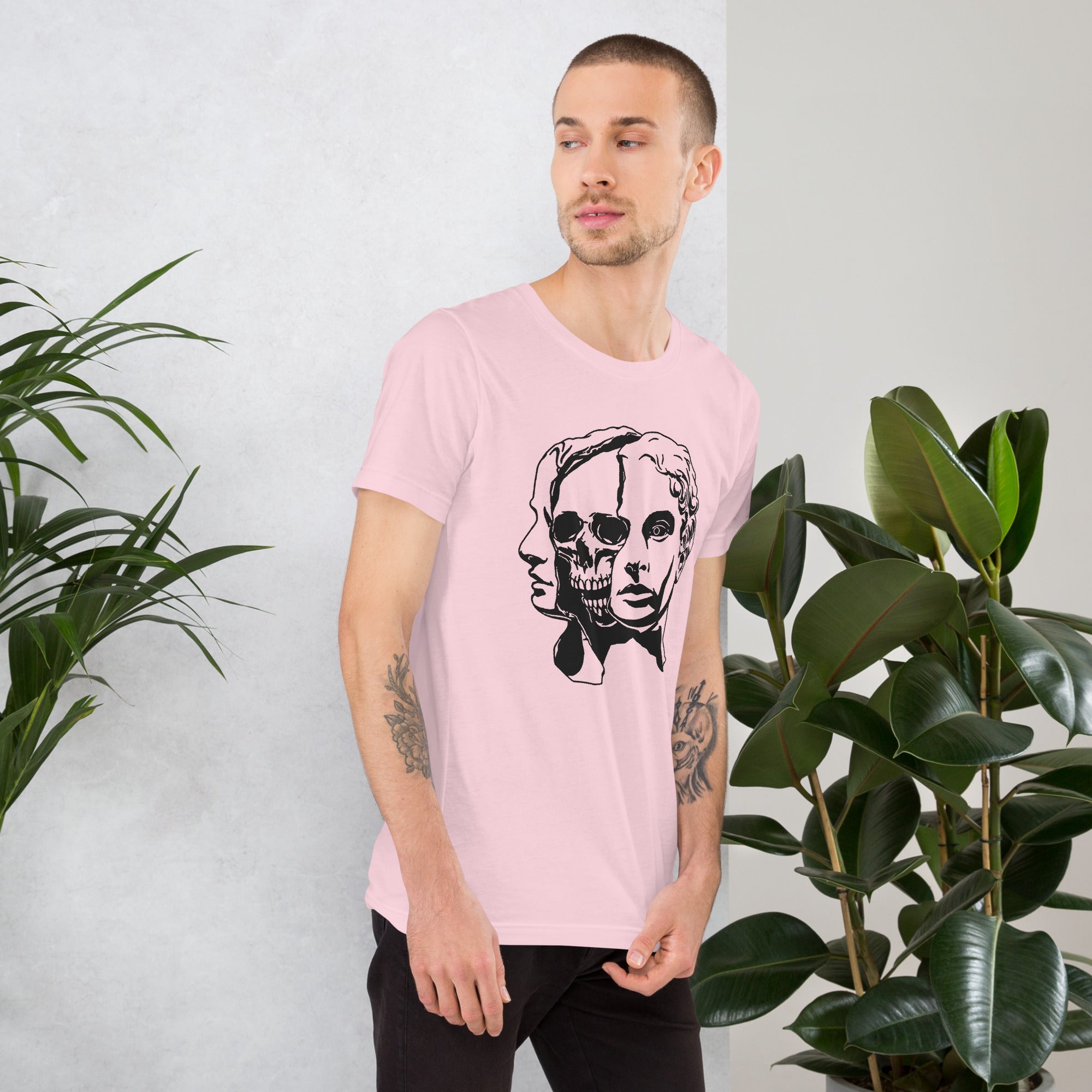 Split face illustration, half classical sculpture bust and half skull, black and white high contrast, Dead Inside, Artificial Perdition apparel