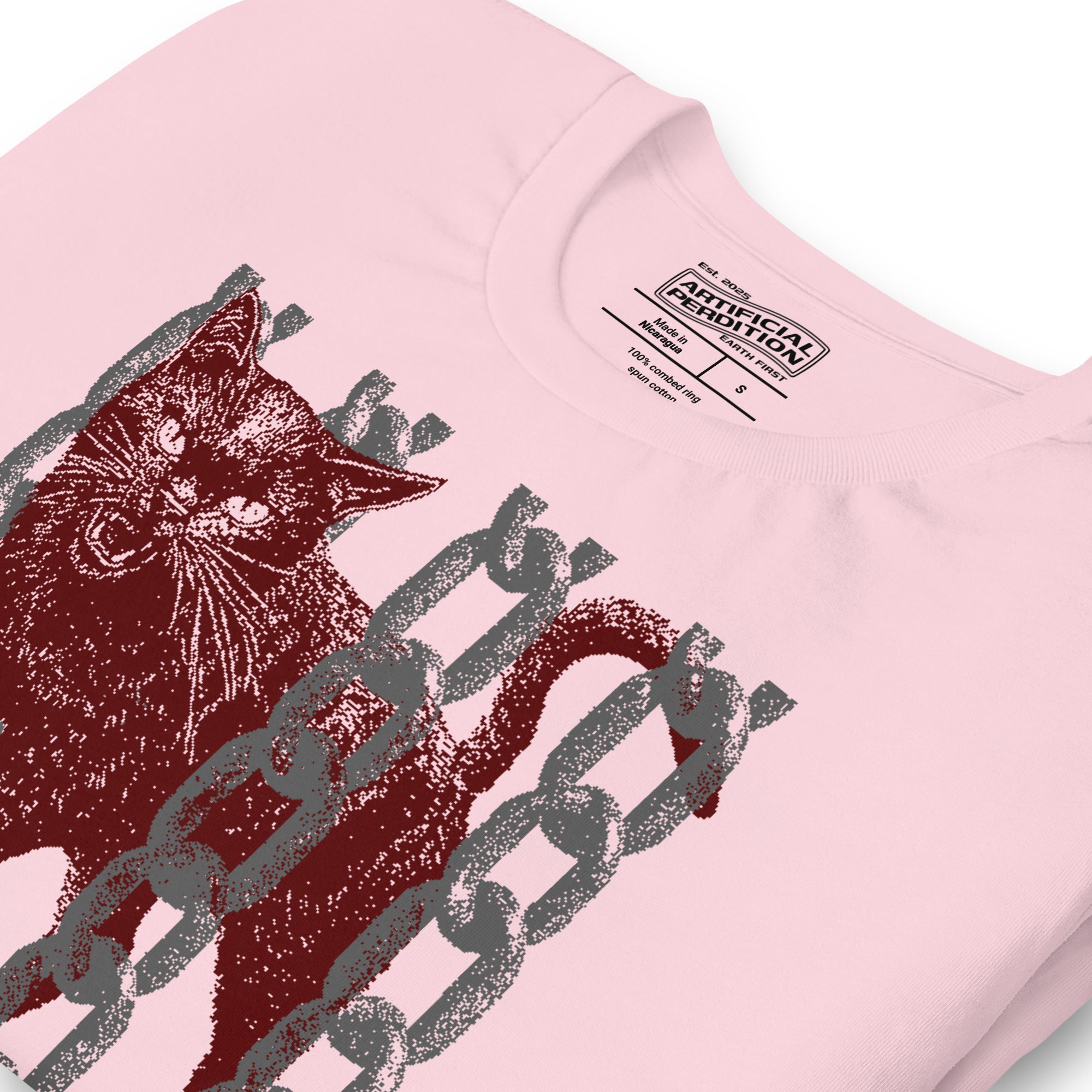 Product mockupSnarling cat breaking through chains with UNGOVERNABLE text, dithered halftone red on cream, Artificial Perdition apparel