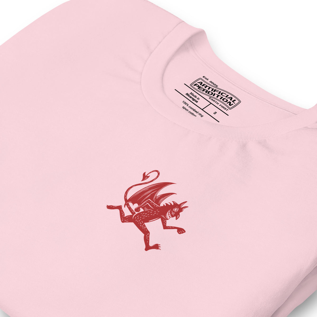 Artificial Perdition devil mascot, red illustrated devil mid-stride with trident and brand name, hand-drawn style on black, official logo tee