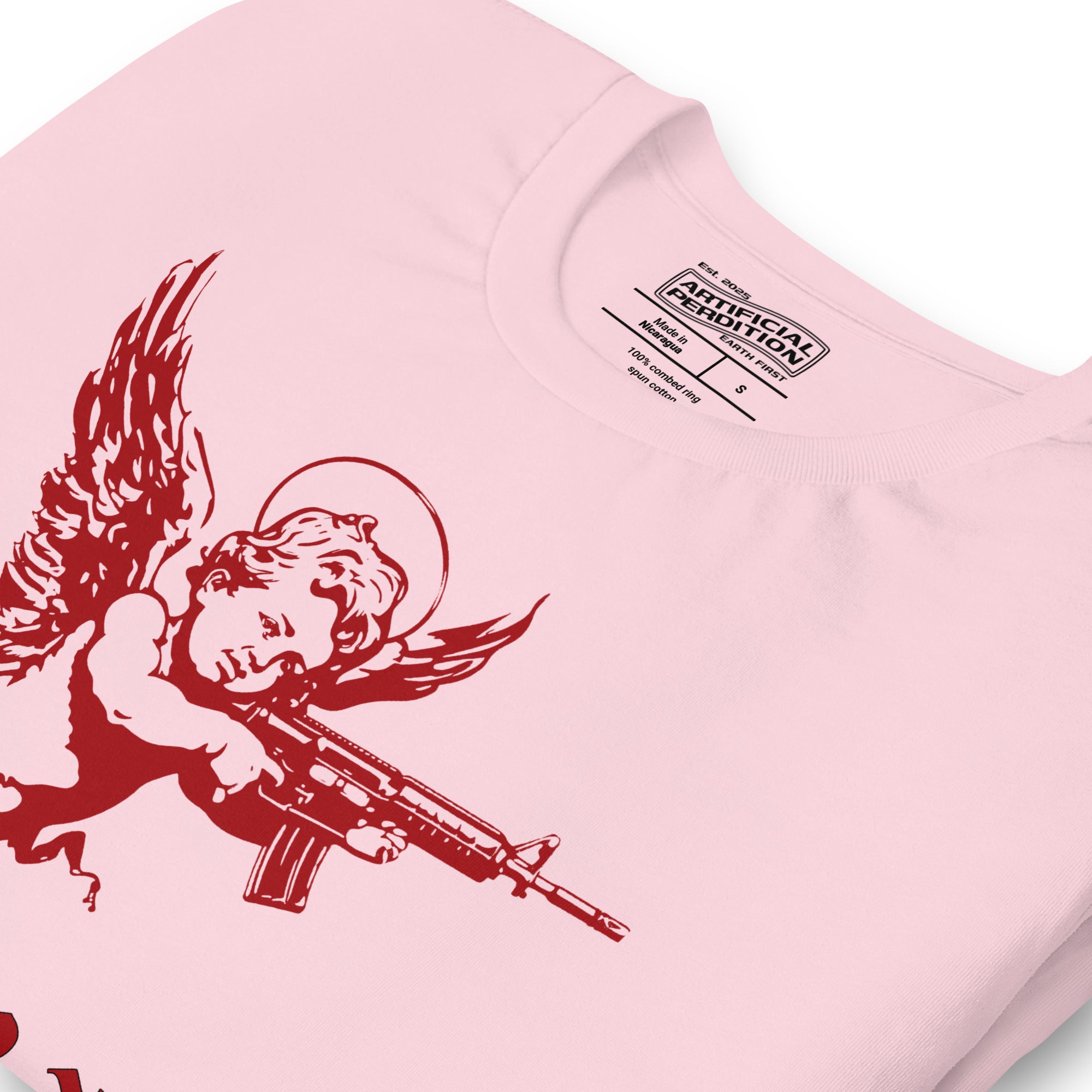 Red cherub angel with halo aiming rifle above blackletter True Love text, dark ironic tattoo flash style, Artificial Perdition apparel