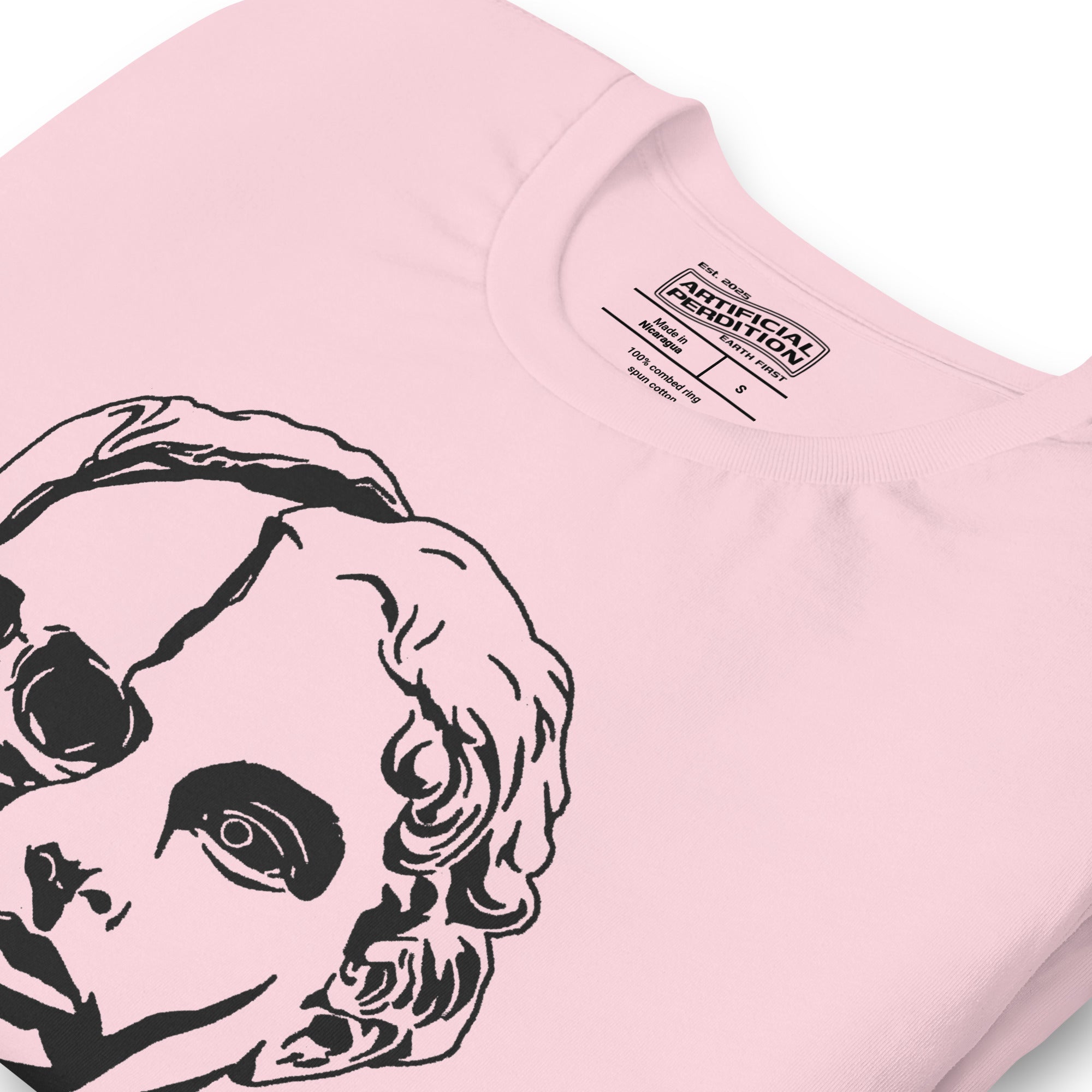 Split face illustration, half classical sculpture bust and half skull, black and white high contrast, Dead Inside, Artificial Perdition apparel