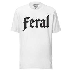 Product mockupFeral in white blackletter font on dark heather grey t-shirt, bold single word graphic design, Artificial Perdition apparel