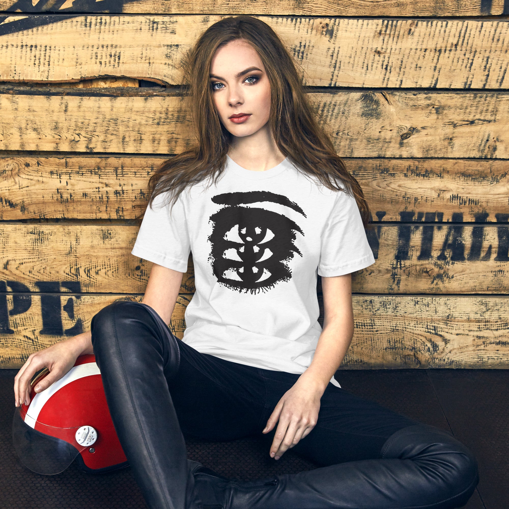 Rough ink brush stroke eye illustration in black and white, Thousand Yard Stare, high contrast graphic design, Artificial Perdition apparel