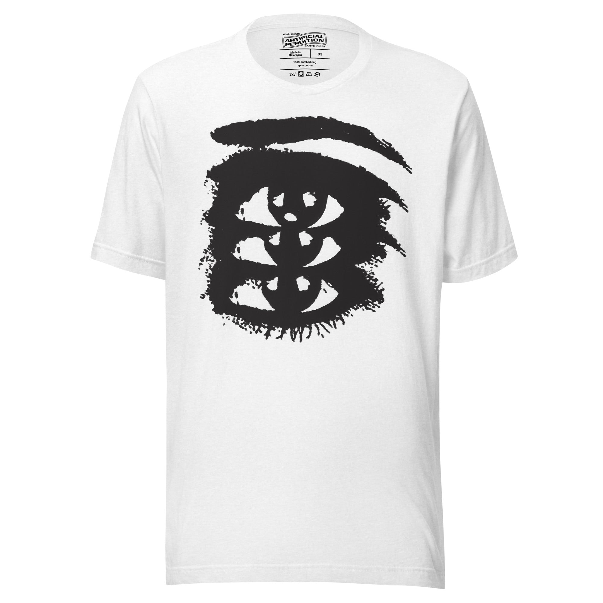 Rough ink brush stroke eye illustration in black and white, Thousand Yard Stare, high contrast graphic design, Artificial Perdition apparel