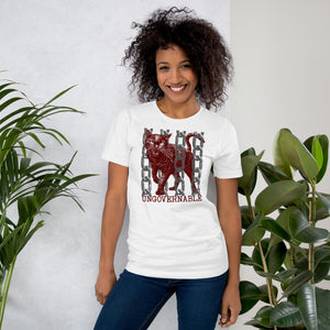 Product mockupSnarling cat breaking through chains with UNGOVERNABLE text, dithered halftone red on cream, Artificial Perdition apparel