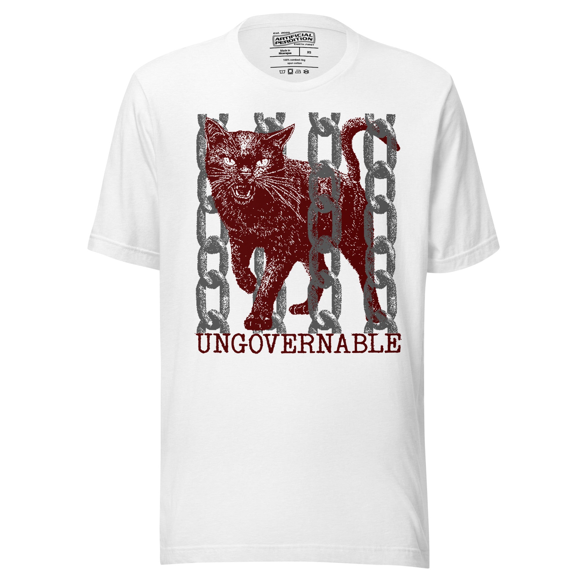 Product mockupSnarling cat breaking through chains with UNGOVERNABLE text, dithered halftone red on cream, Artificial Perdition apparel