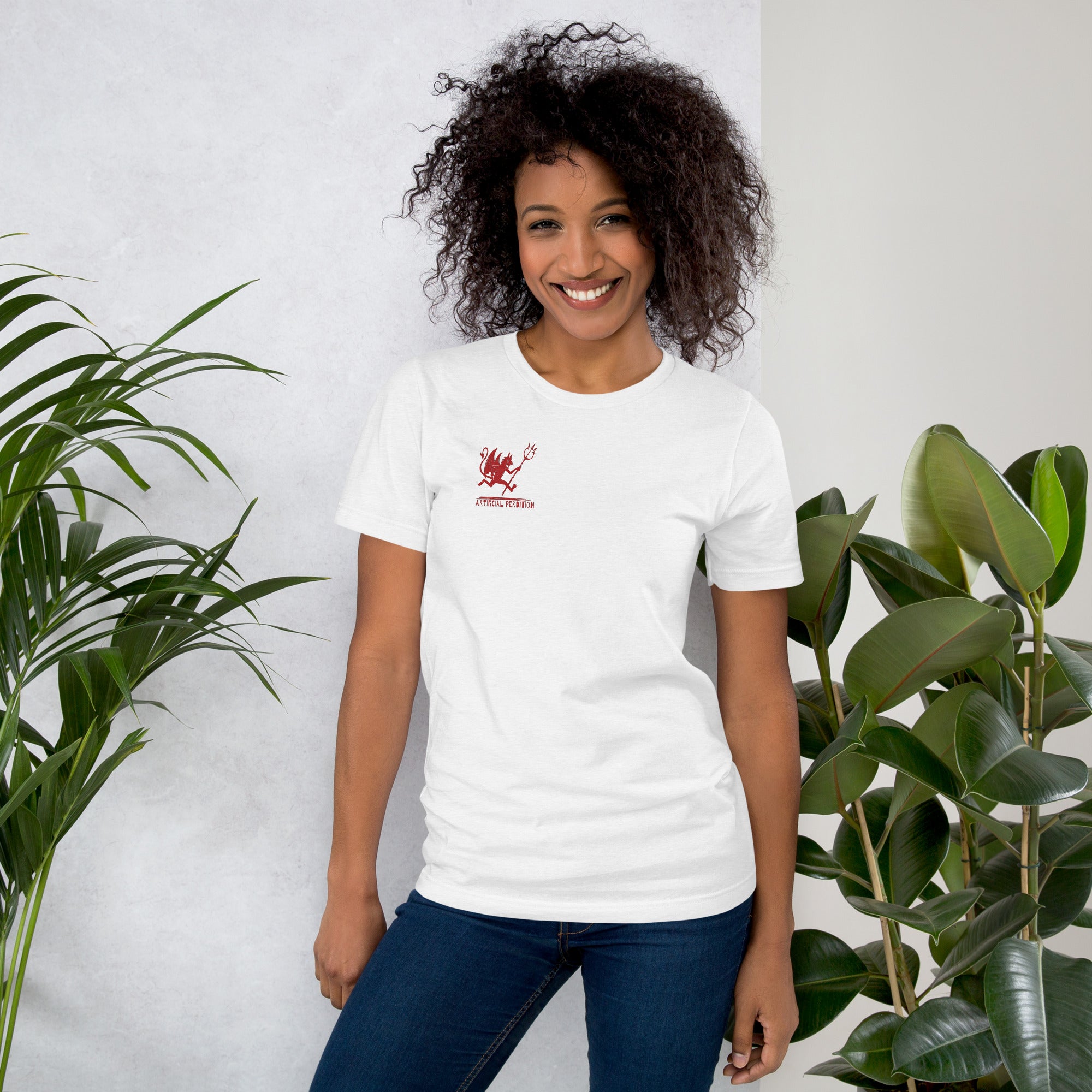 Artificial Perdition devil mascot, red illustrated devil mid-stride with trident and brand name, hand-drawn style on black, official logo tee