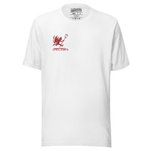 Artificial Perdition devil mascot, red illustrated devil mid-stride with trident and brand name, hand-drawn style on black, official logo tee