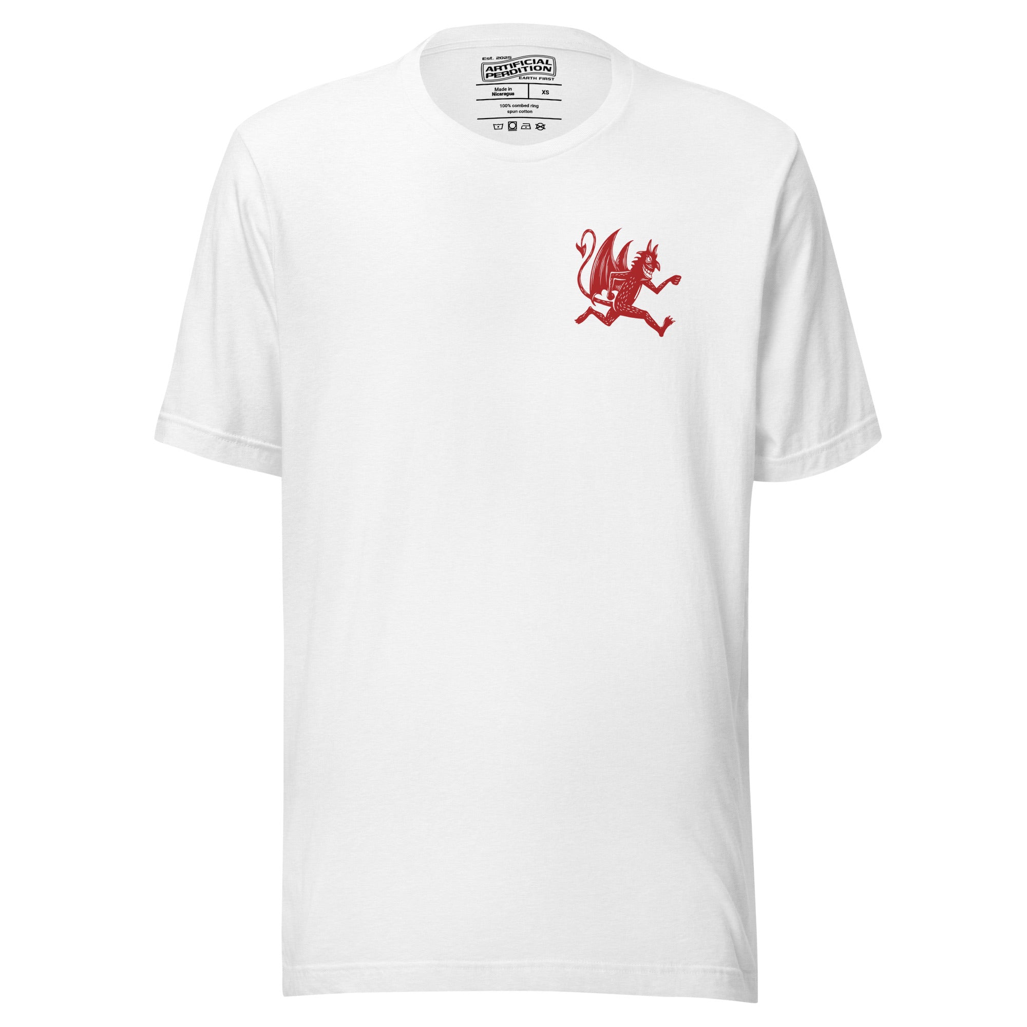Artificial Perdition devil mascot, red illustrated devil mid-stride with trident and brand name, hand-drawn style on black, official logo tee