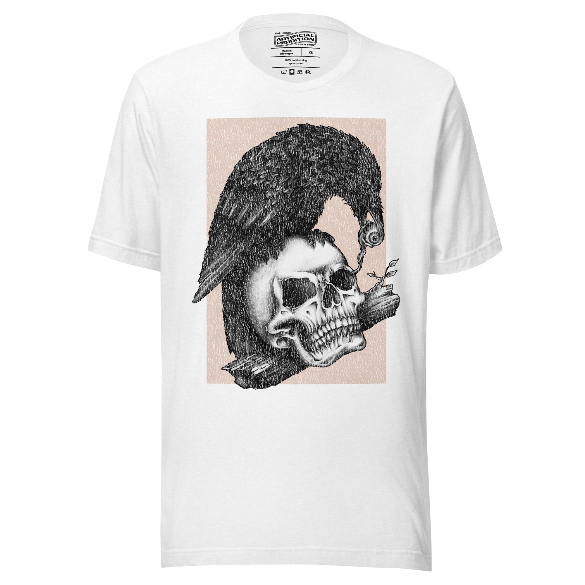 Graphite illustration of a black corvid perched on a human skull removing the eye, sprouting branch beside it, Last Look, Artificial Perdition apparel