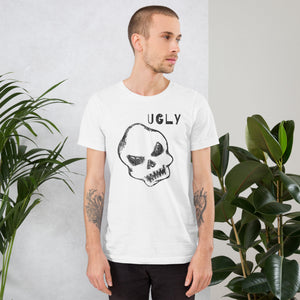 Crude hand-drawn skull with mismatched eye sockets and UGLY text in the upper corner, anti-polish graphic design, Artificial Perdition apparel