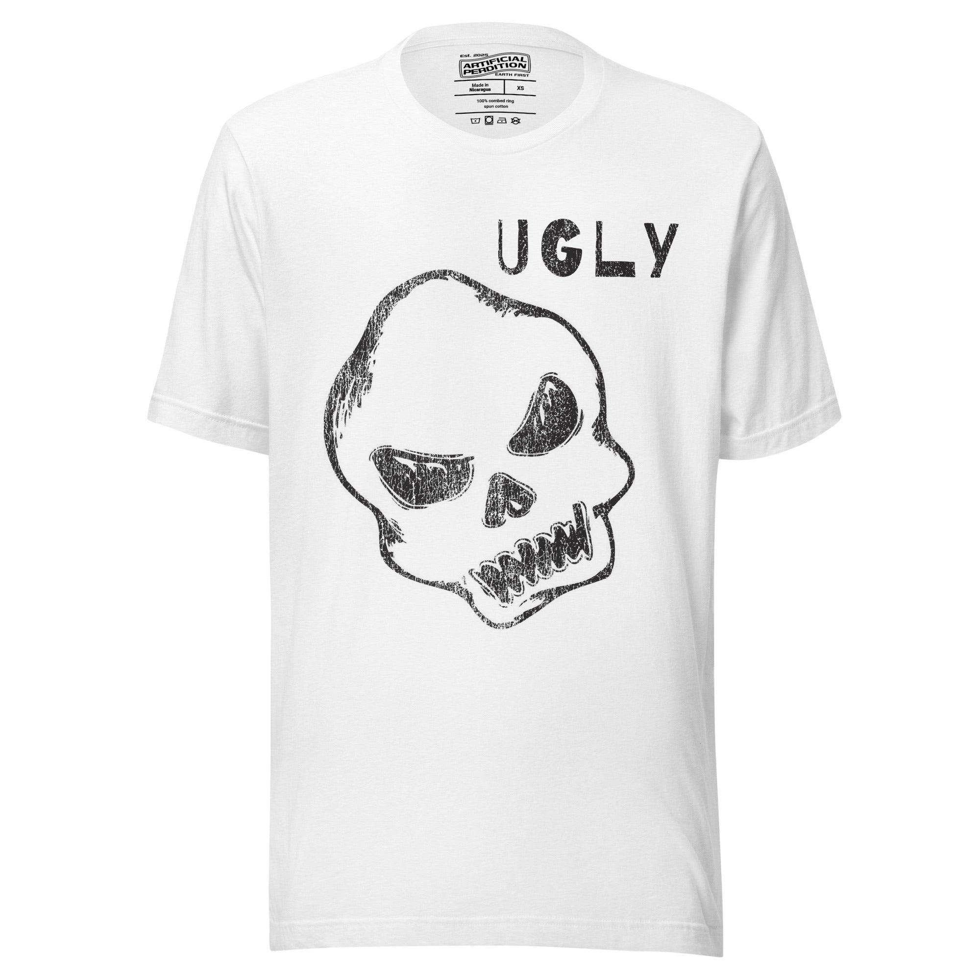 Crude hand-drawn skull with mismatched eye sockets and UGLY text in the upper corner, anti-polish graphic design, Artificial Perdition apparel