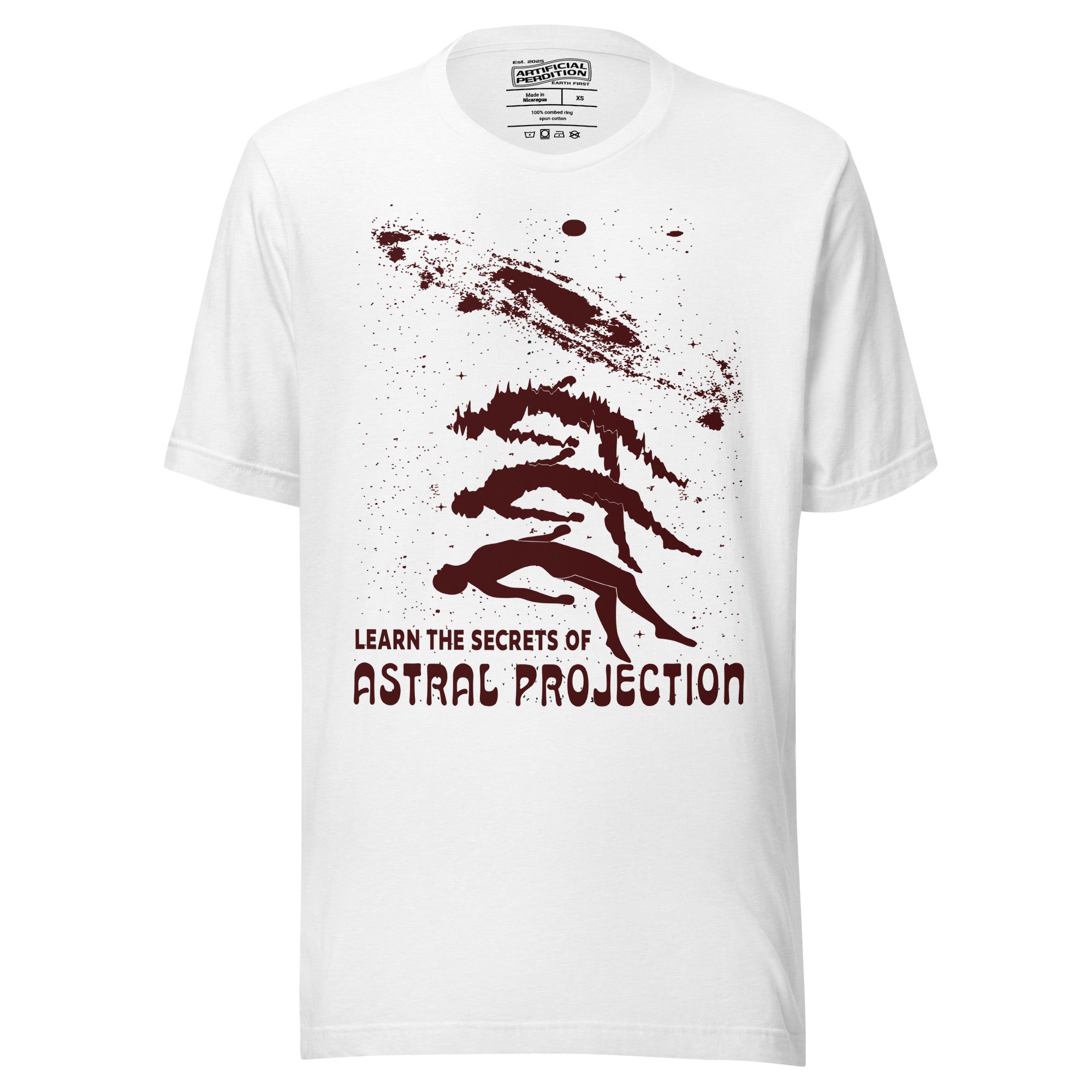 Three figures rising from a reclining body toward a spiral galaxy with Learn the Secrets of Astral Projection text, retro occult advertisement style, Artificial Perdition apparel