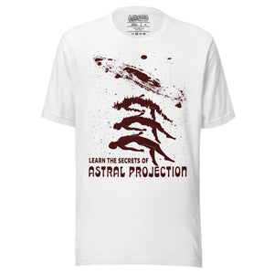 Three figures rising from a reclining body toward a spiral galaxy with Learn the Secrets of Astral Projection text, retro occult advertisement style, Artificial Perdition apparel