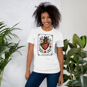 Tarot card illustration numbered X with an anatomical heart in bloom surrounded by wildflowers and vines, Amor Fati, Artificial Perdition apparel