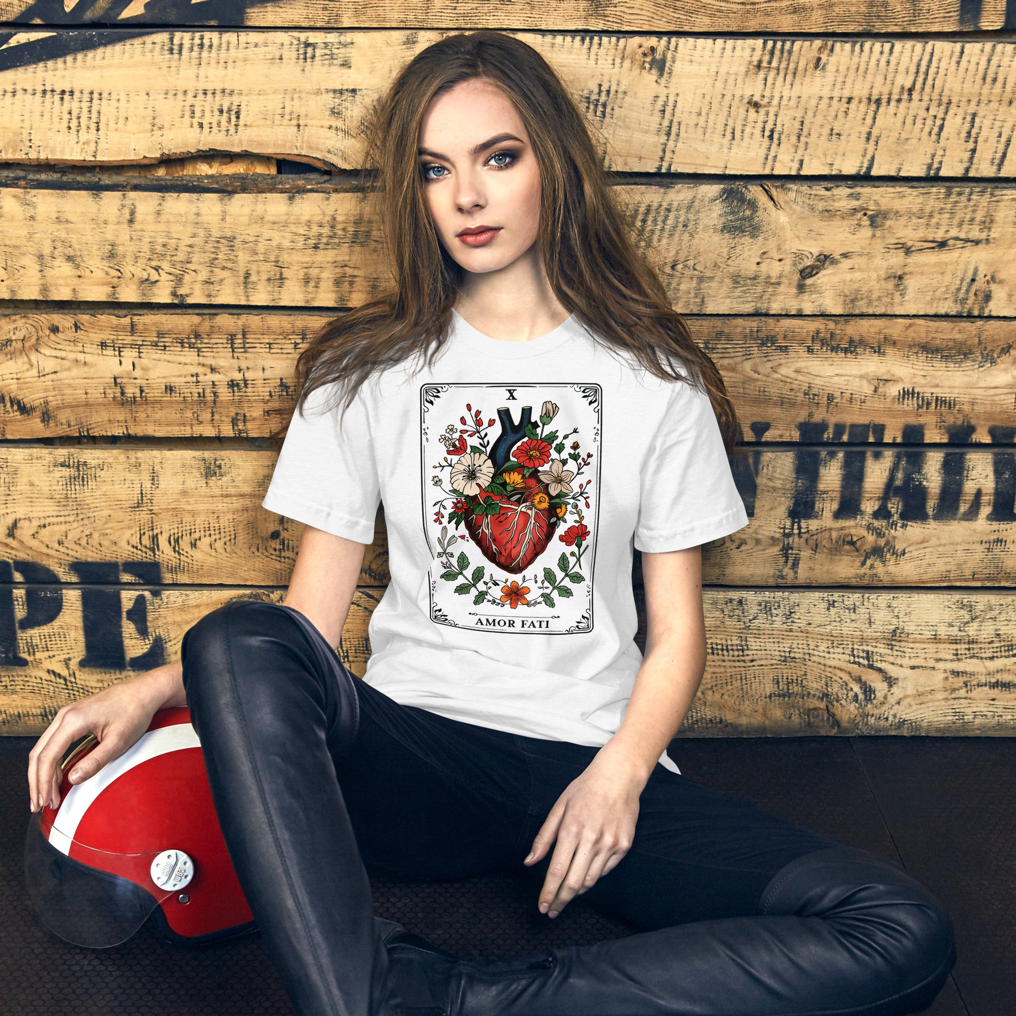 Tarot card illustration numbered X with an anatomical heart in bloom surrounded by wildflowers and vines, Amor Fati, Artificial Perdition apparel