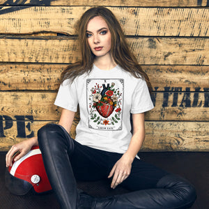 Tarot card illustration numbered X with an anatomical heart in bloom surrounded by wildflowers and vines, Amor Fati, Artificial Perdition apparel