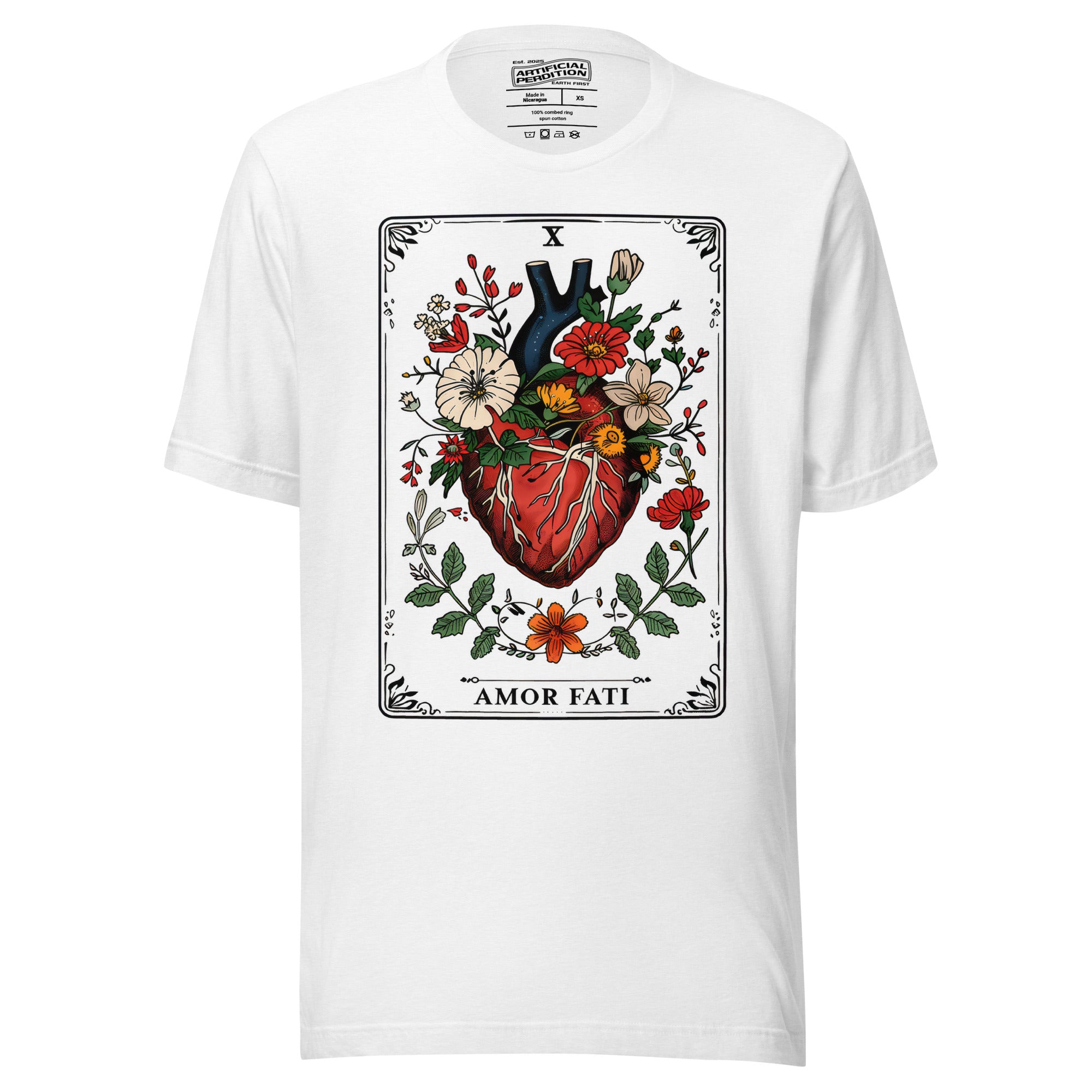 Tarot card illustration numbered X with an anatomical heart in bloom surrounded by wildflowers and vines, Amor Fati, Artificial Perdition apparel