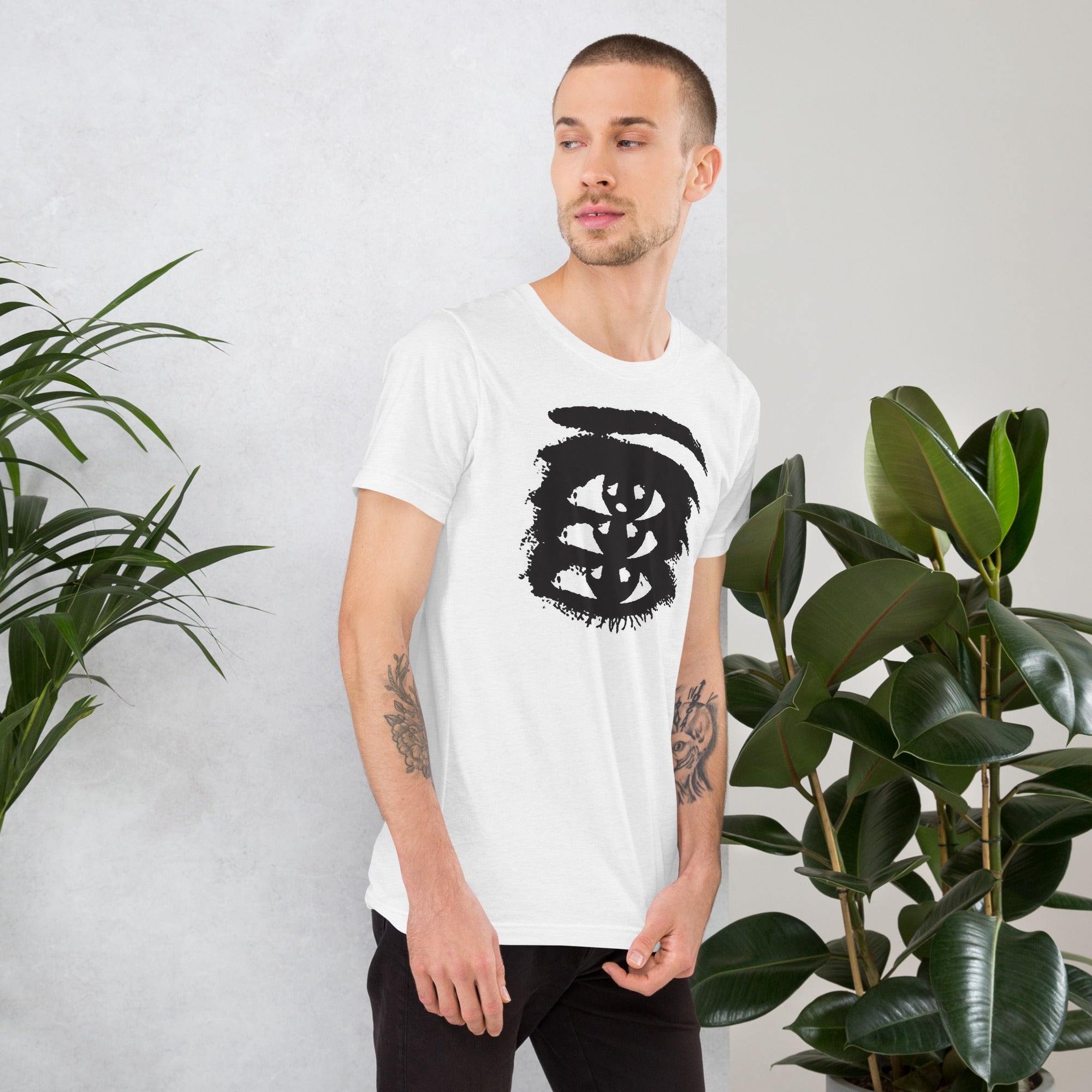 Rough ink brush stroke eye illustration in black and white, Thousand Yard Stare, high contrast graphic design, Artificial Perdition apparel