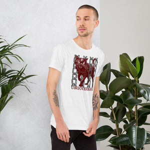 Product mockupSnarling cat breaking through chains with UNGOVERNABLE text, dithered halftone red on cream, Artificial Perdition apparel