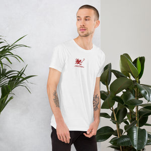 Artificial Perdition devil mascot, red illustrated devil mid-stride with trident and brand name, hand-drawn style on black, official logo tee