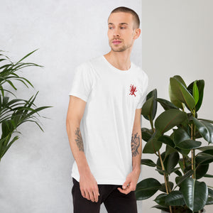 Artificial Perdition devil mascot, red illustrated devil mid-stride with trident and brand name, hand-drawn style on black, official logo tee