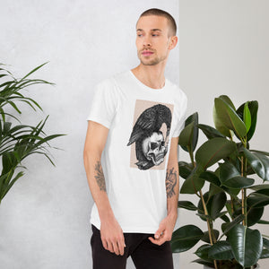 Graphite illustration of a black corvid perched on a human skull removing the eye, sprouting branch beside it, Last Look, Artificial Perdition apparel