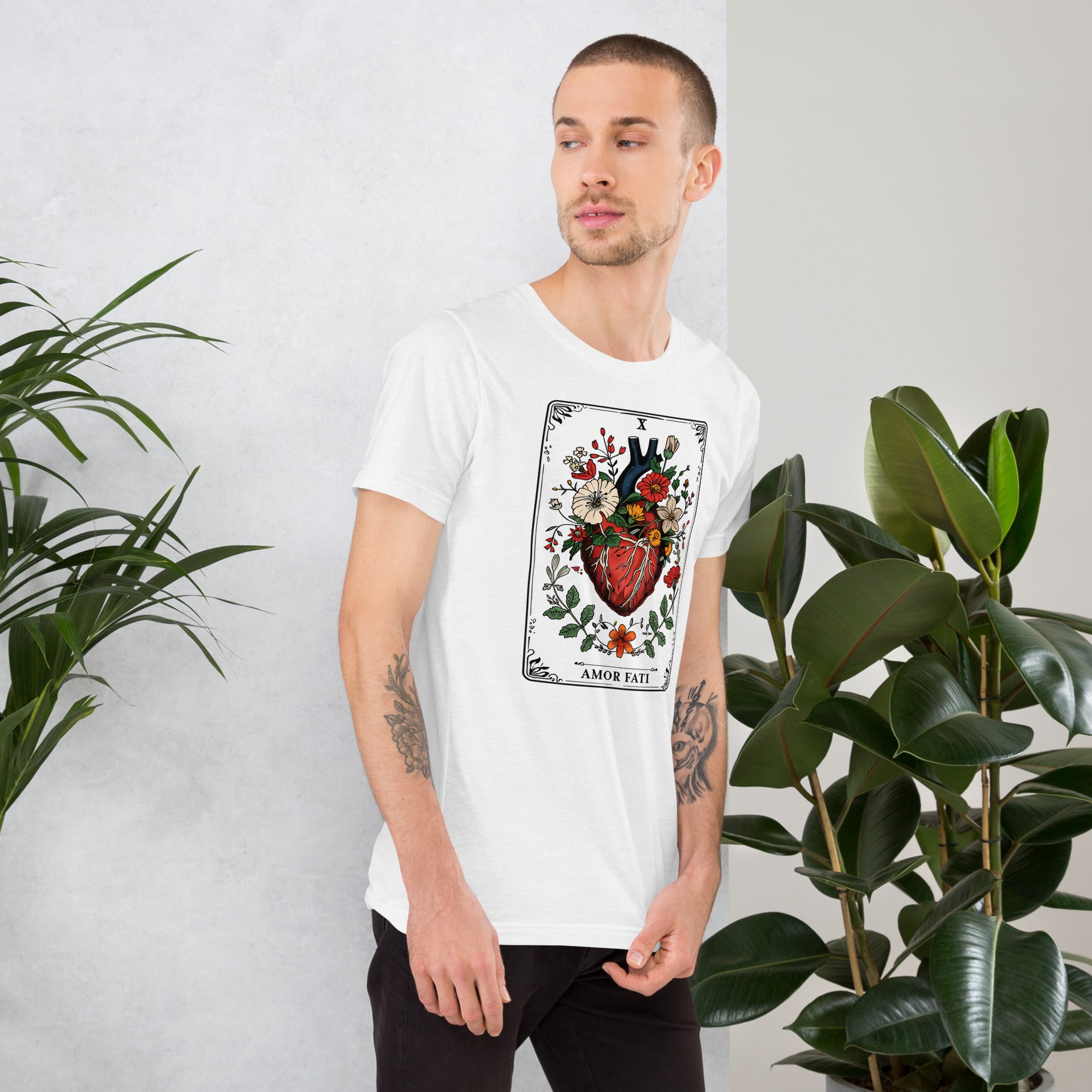 Tarot card illustration numbered X with an anatomical heart in bloom surrounded by wildflowers and vines, Amor Fati, Artificial Perdition apparel