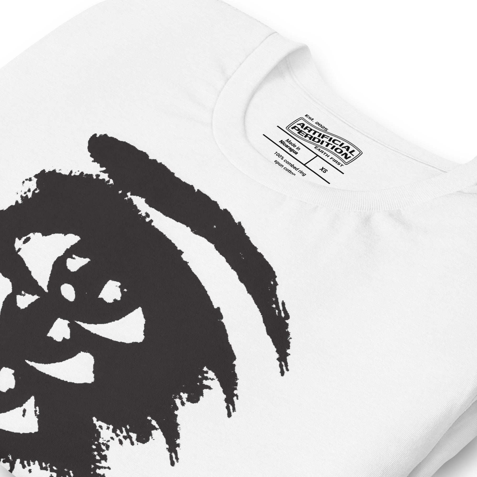 Rough ink brush stroke eye illustration in black and white, Thousand Yard Stare, high contrast graphic design, Artificial Perdition apparel