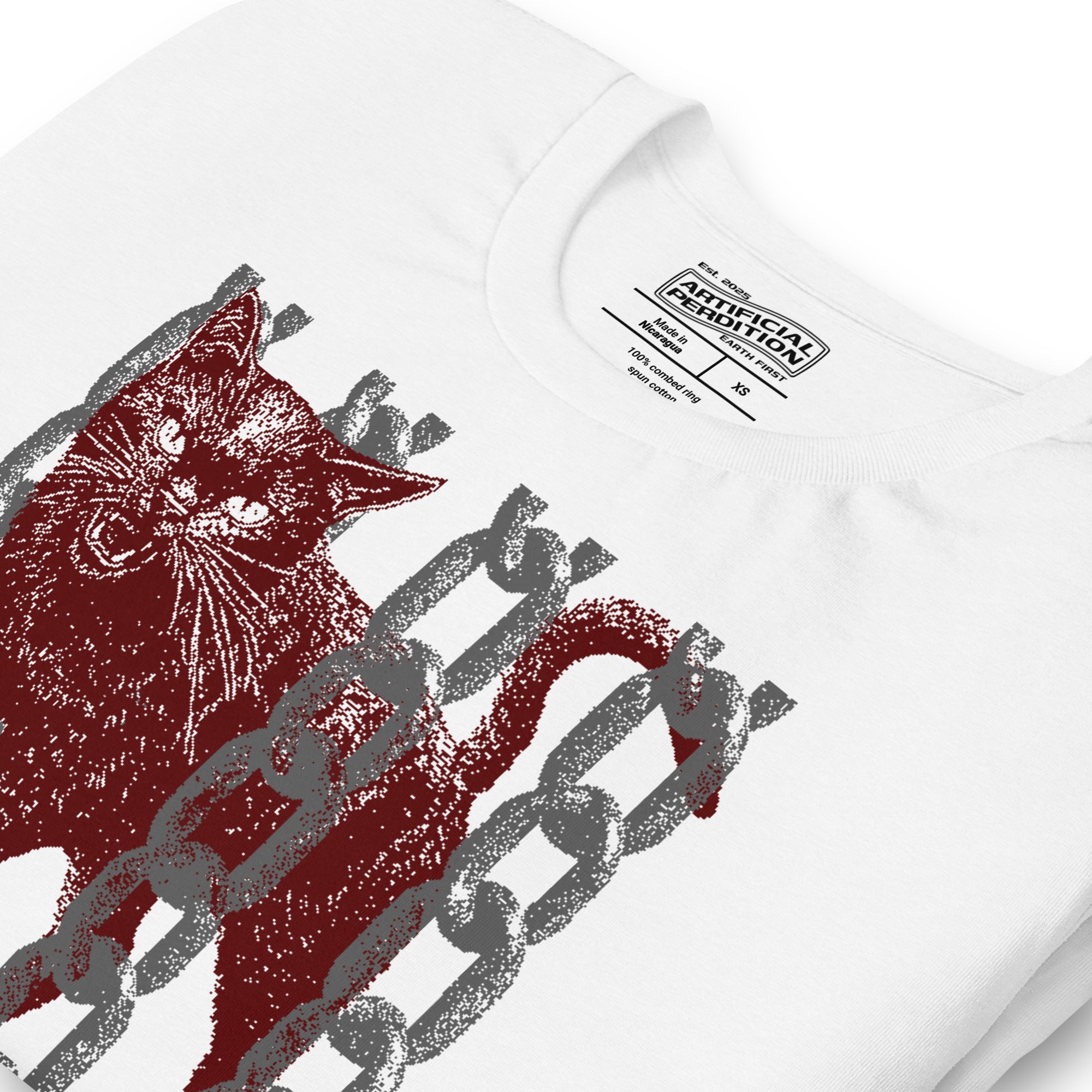 Product mockupSnarling cat breaking through chains with UNGOVERNABLE text, dithered halftone red on cream, Artificial Perdition apparel