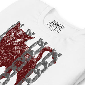 Product mockupSnarling cat breaking through chains with UNGOVERNABLE text, dithered halftone red on cream, Artificial Perdition apparel