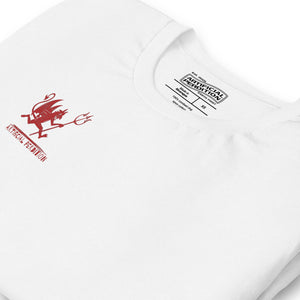 Artificial Perdition devil mascot, red illustrated devil mid-stride with trident and brand name, hand-drawn style on black, official logo tee