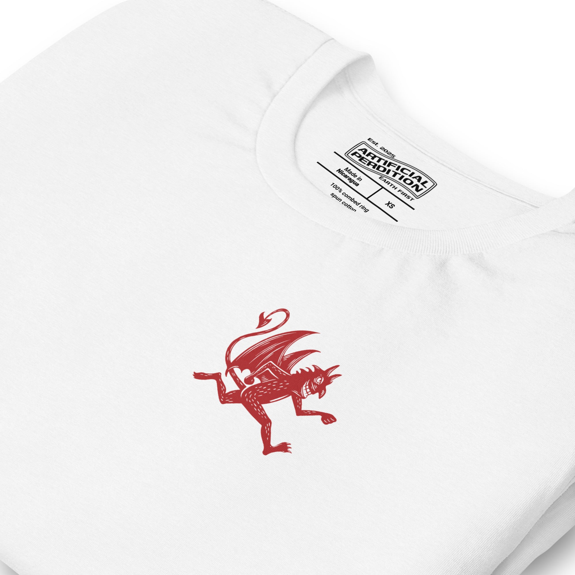 Artificial Perdition devil mascot, red illustrated devil mid-stride with trident and brand name, hand-drawn style on black, official logo tee