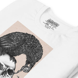 Graphite illustration of a black corvid perched on a human skull removing the eye, sprouting branch beside it, Last Look, Artificial Perdition apparel