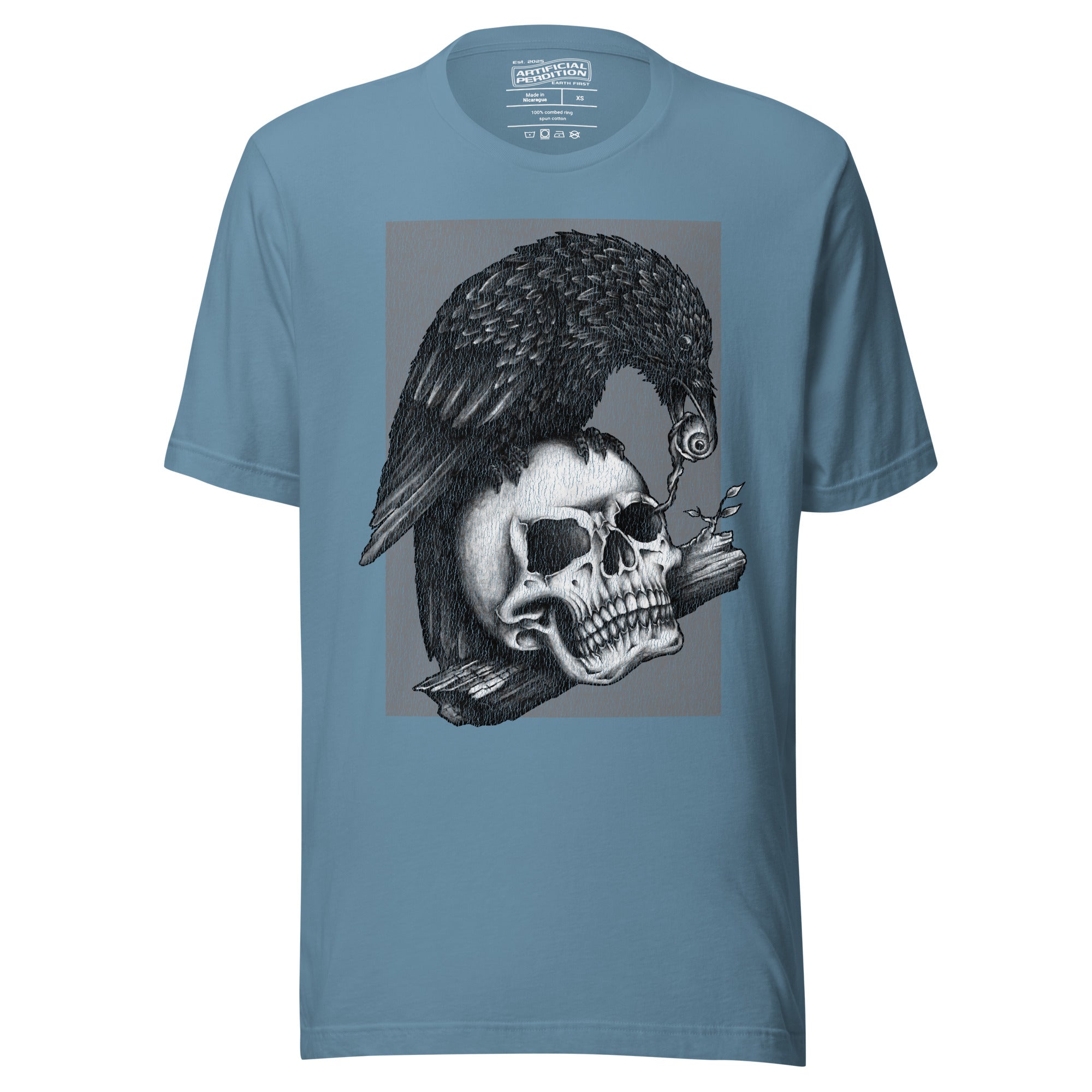 Graphite illustration of a black corvid perched on a human skull removing the eye, sprouting branch beside it, Last Look, Artificial Perdition apparel