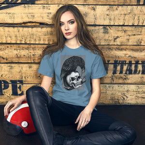 Graphite illustration of a black corvid perched on a human skull removing the eye, sprouting branch beside it, Last Look, Artificial Perdition apparel