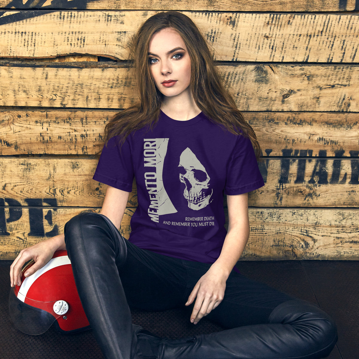 Cracked skull illustration in tombstone grey with vertical Memento Mori text and Remember Death translation, Artificial Perdition apparel