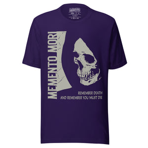 Cracked skull illustration in tombstone grey with vertical Memento Mori text and Remember Death translation, Artificial Perdition apparel