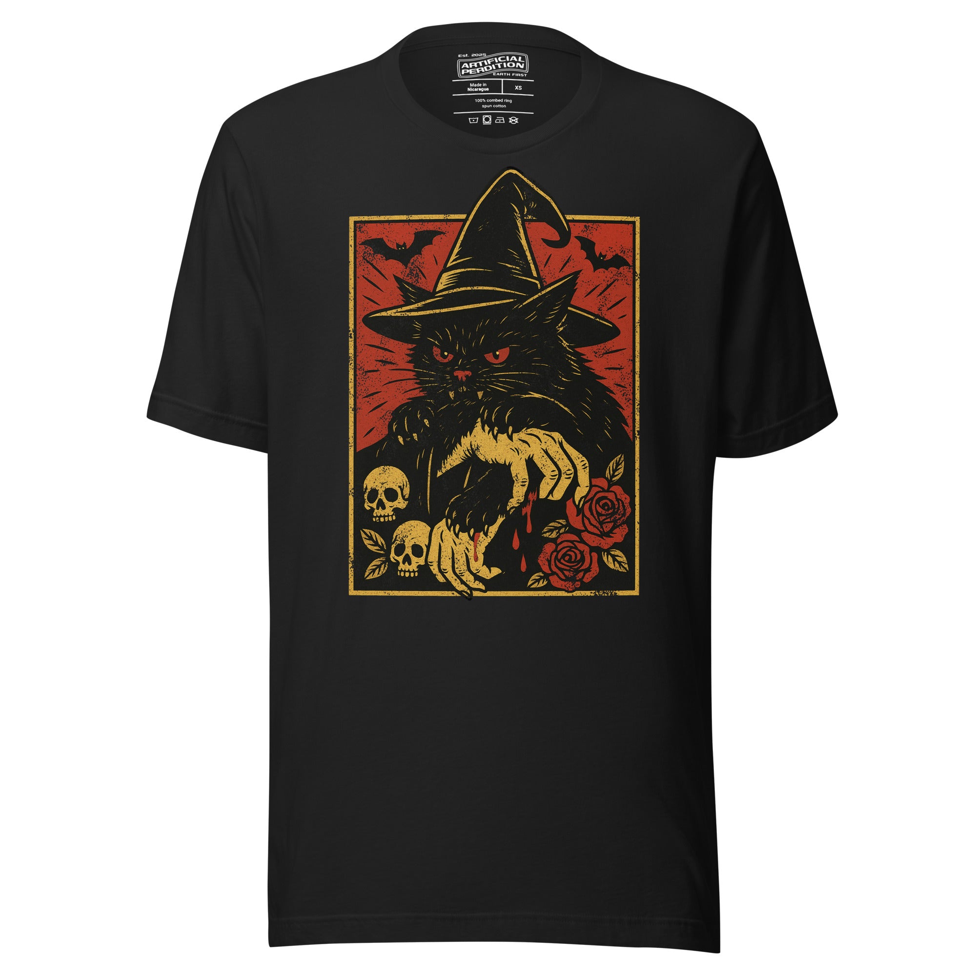 Black cat in witch hat with vampire fangs and skeletal dripping claws, skulls and roses flanking, bats in red sky, horror tattoo flash style, Artificial Perdition