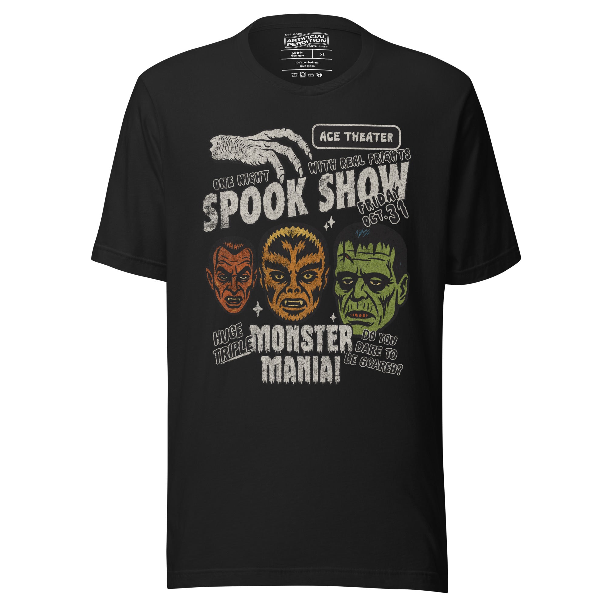 Vintage spook show poster front print with three classic monster faces, Ace Theater and Monster Mania text, distressed style on black, Artificial Perdition apparel