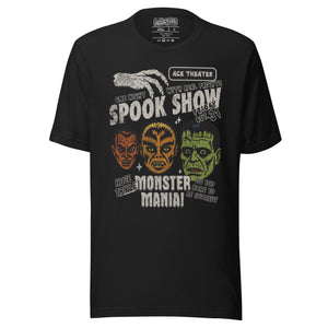Vintage spook show poster front print with three classic monster faces, Ace Theater and Monster Mania text, distressed style on black, Artificial Perdition apparel