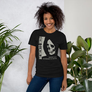 Cracked skull illustration in tombstone grey with vertical Memento Mori text and Remember Death translation, Artificial Perdition apparel