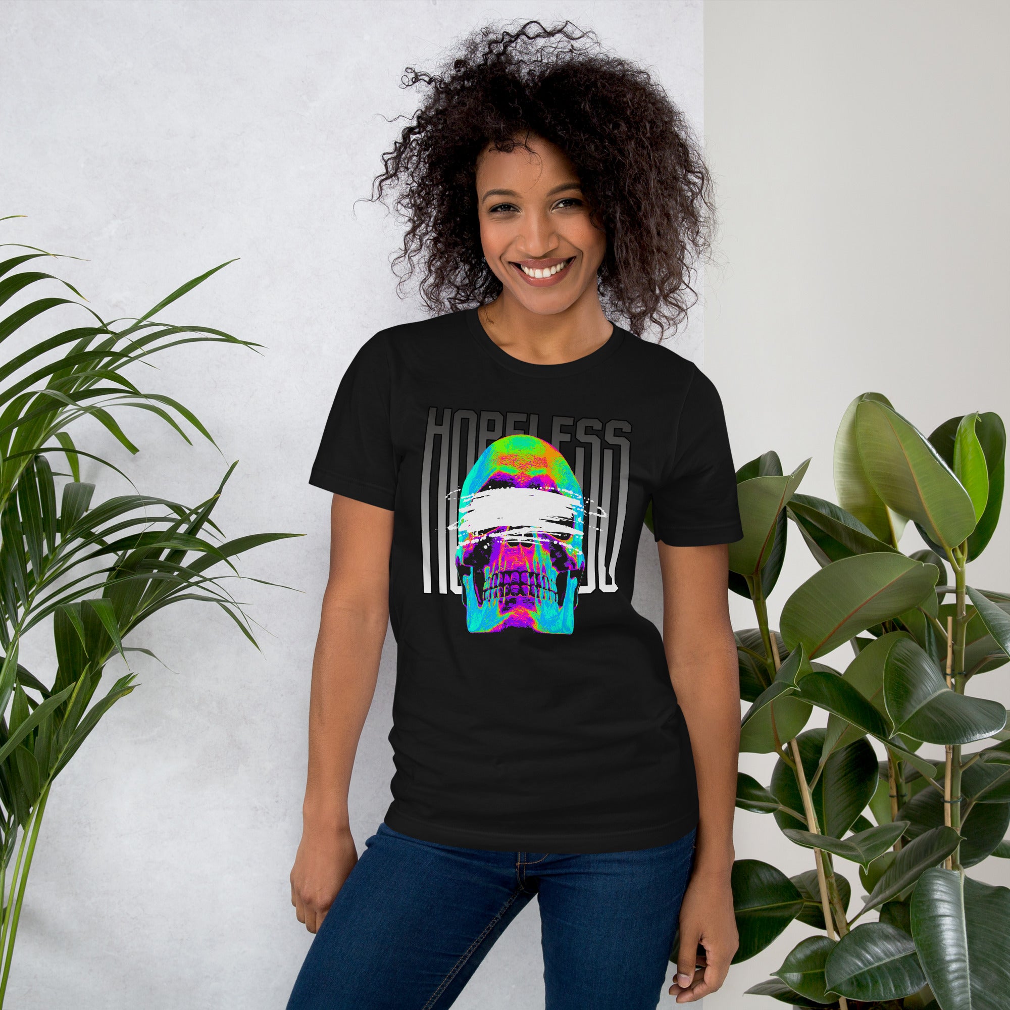 Blindfolded skull in thermal heat-map colors with bold chrome HOPELESS text, psychological horror design, Artificial Perdition apparel