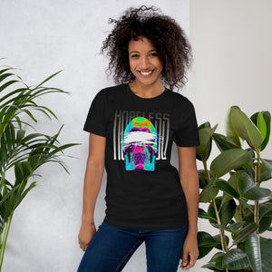 Blindfolded skull in thermal heat-map colors with bold chrome HOPELESS text, psychological horror design, Artificial Perdition apparel