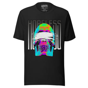 Blindfolded skull in thermal heat-map colors with bold chrome HOPELESS text, psychological horror design, Artificial Perdition apparel