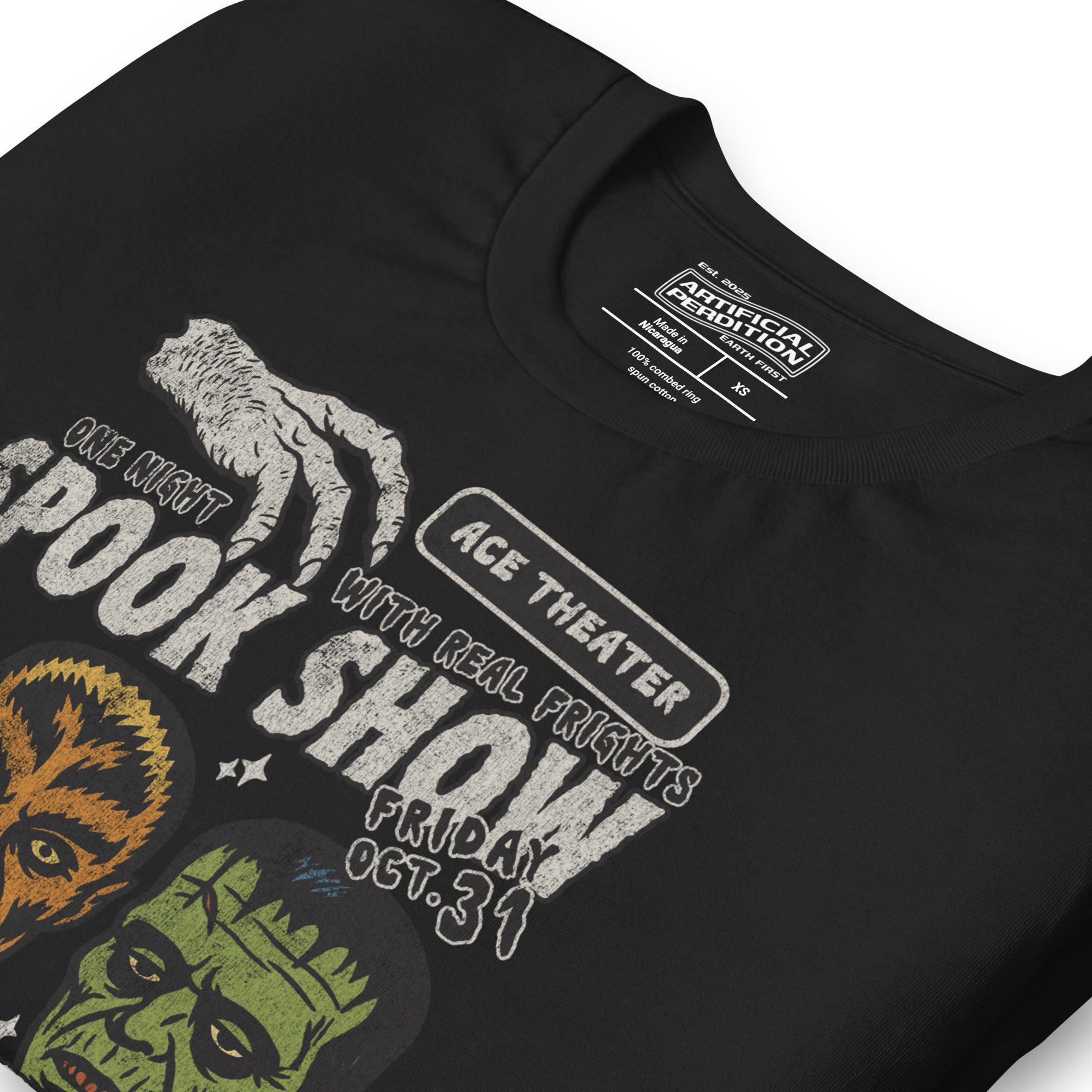 Vintage spook show poster front print with three classic monster faces, Ace Theater and Monster Mania text, distressed style on black, Artificial Perdition apparel