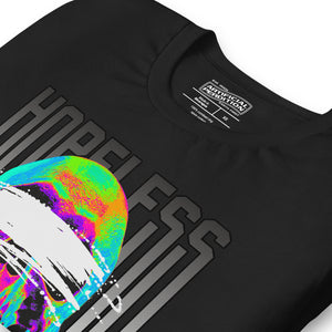 Blindfolded skull in thermal heat-map colors with bold chrome HOPELESS text, psychological horror design, Artificial Perdition apparel