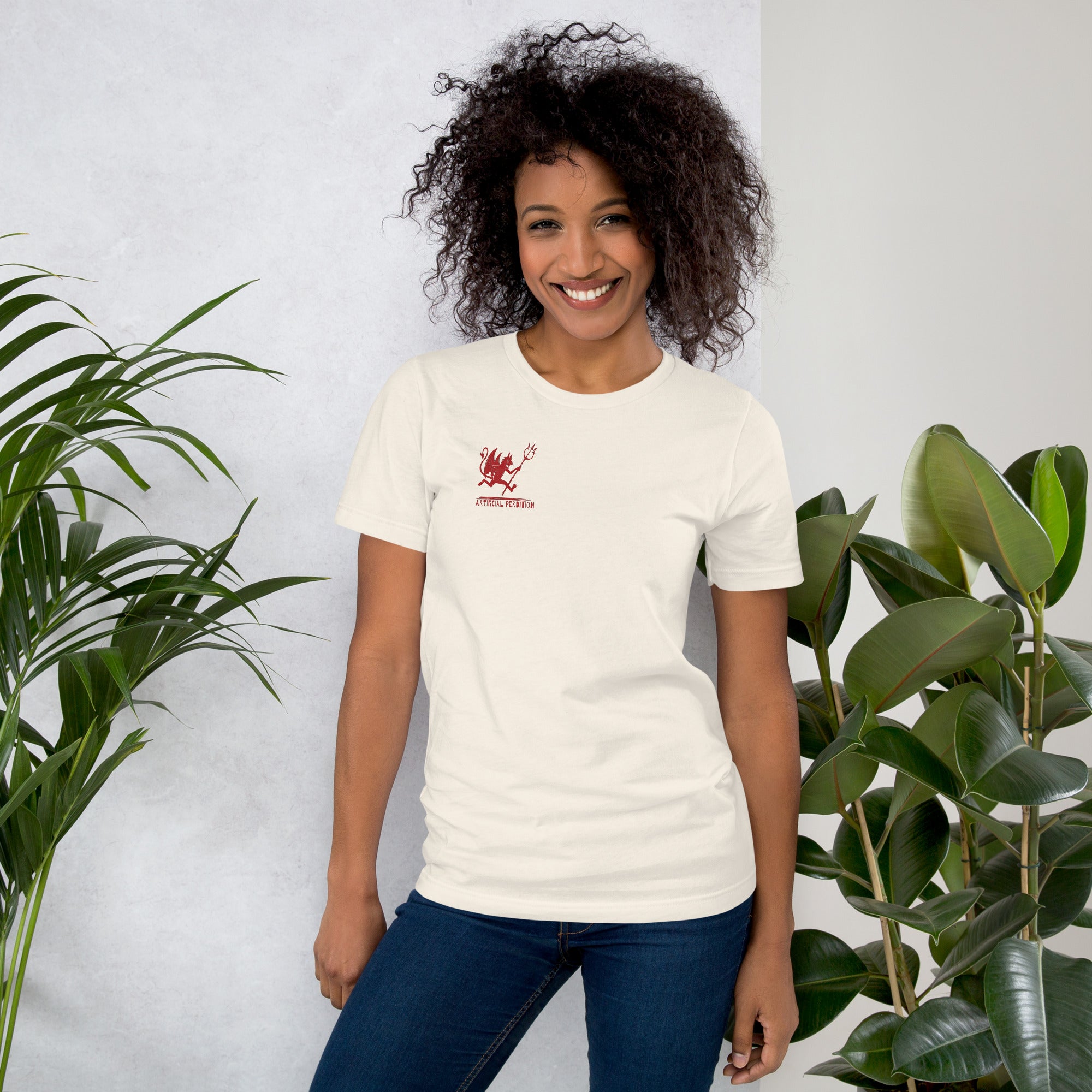 Artificial Perdition devil mascot, red illustrated devil mid-stride with trident and brand name, hand-drawn style on black, official logo tee