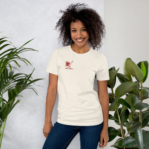 Artificial Perdition devil mascot, red illustrated devil mid-stride with trident and brand name, hand-drawn style on black, official logo tee