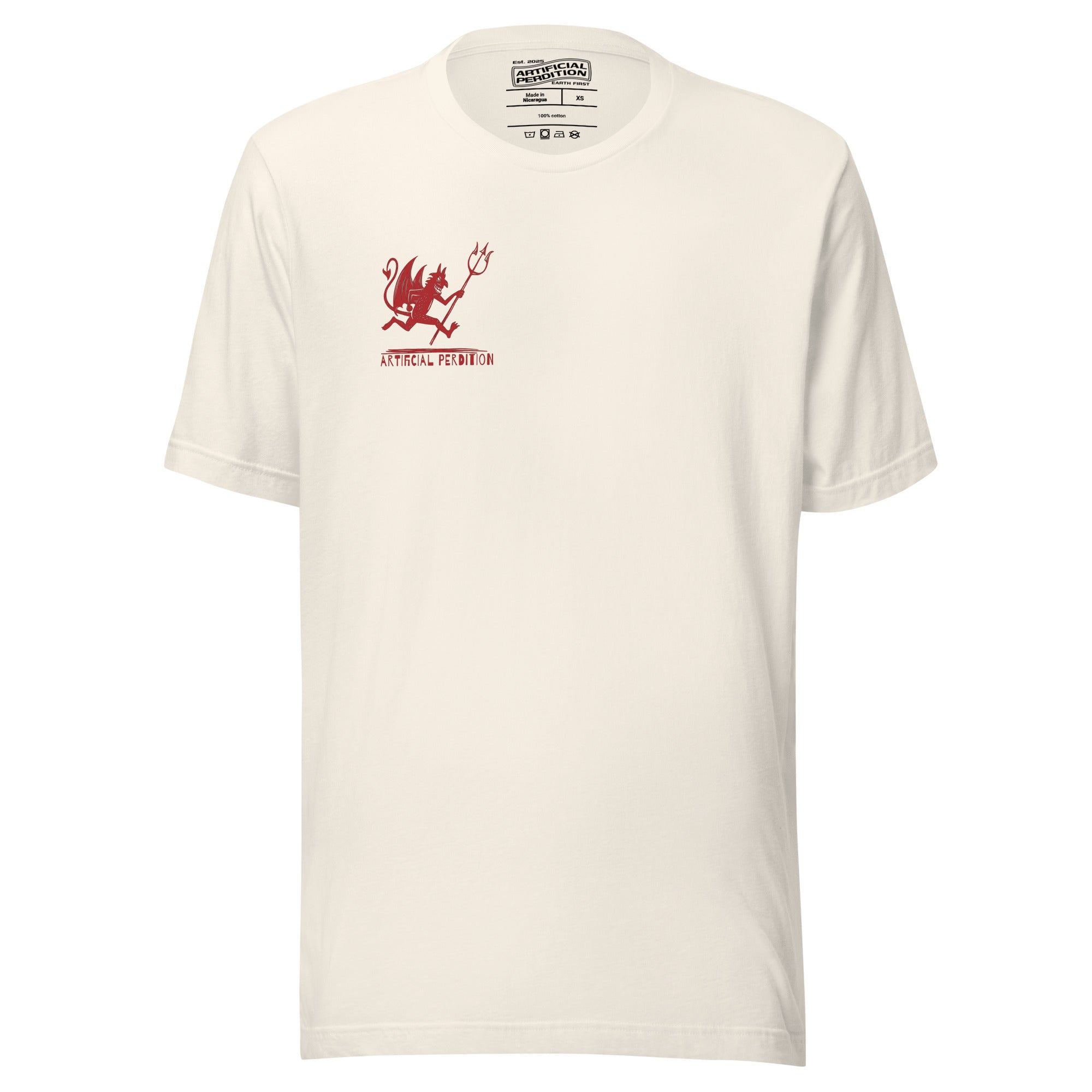 Artificial Perdition devil mascot, red illustrated devil mid-stride with trident and brand name, hand-drawn style on black, official logo tee